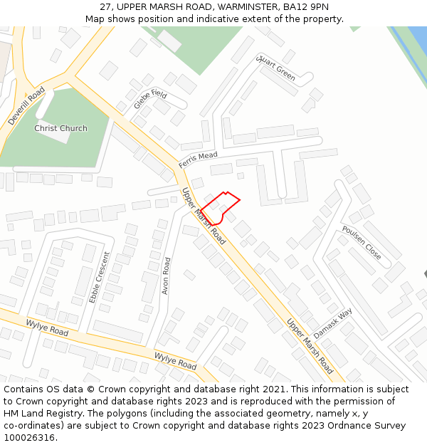 27, UPPER MARSH ROAD, WARMINSTER, BA12 9PN: Location map and indicative extent of plot