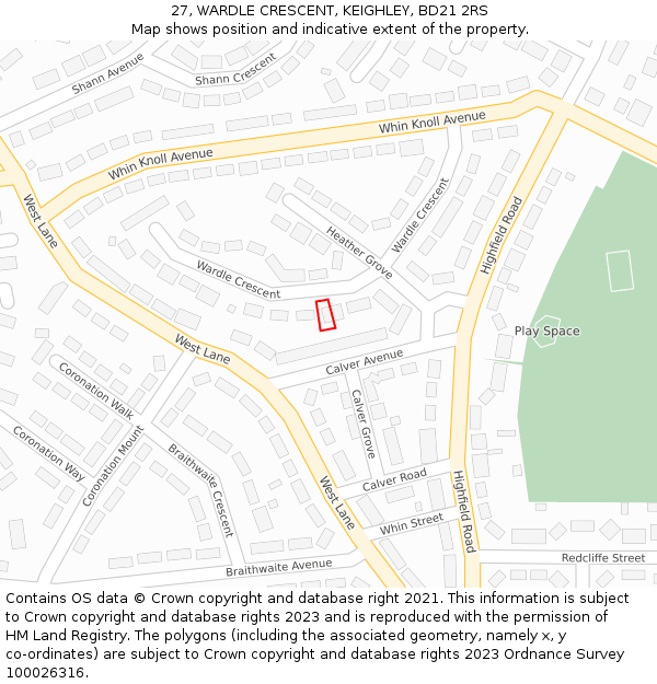 27, WARDLE CRESCENT, KEIGHLEY, BD21 2RS: Location map and indicative extent of plot