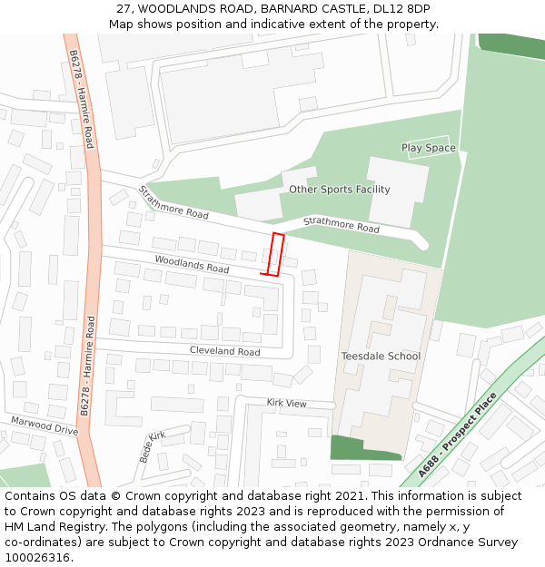 27, WOODLANDS ROAD, BARNARD CASTLE, DL12 8DP: Location map and indicative extent of plot