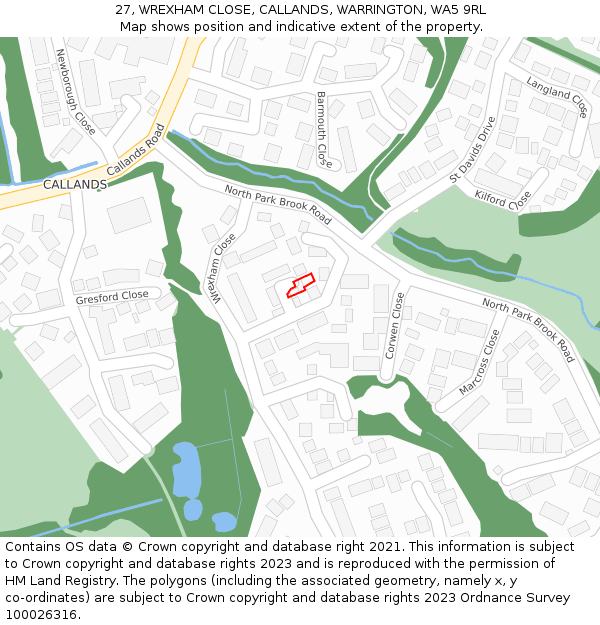 27, WREXHAM CLOSE, CALLANDS, WARRINGTON, WA5 9RL: Location map and indicative extent of plot