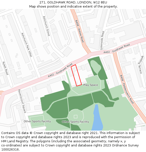 271, GOLDHAWK ROAD, LONDON, W12 8EU: Location map and indicative extent of plot