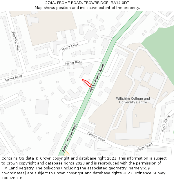 274A, FROME ROAD, TROWBRIDGE, BA14 0DT: Location map and indicative extent of plot