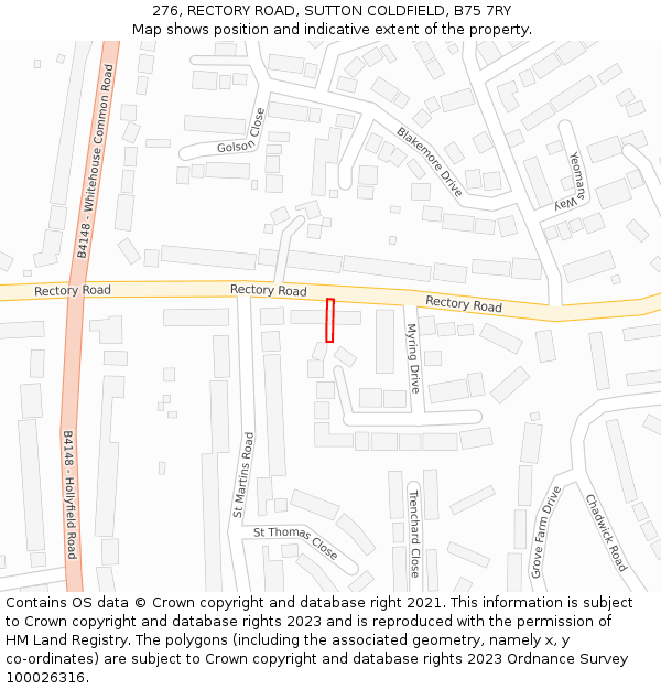 276, RECTORY ROAD, SUTTON COLDFIELD, B75 7RY: Location map and indicative extent of plot