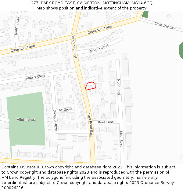 277, PARK ROAD EAST, CALVERTON, NOTTINGHAM, NG14 6GQ: Location map and indicative extent of plot