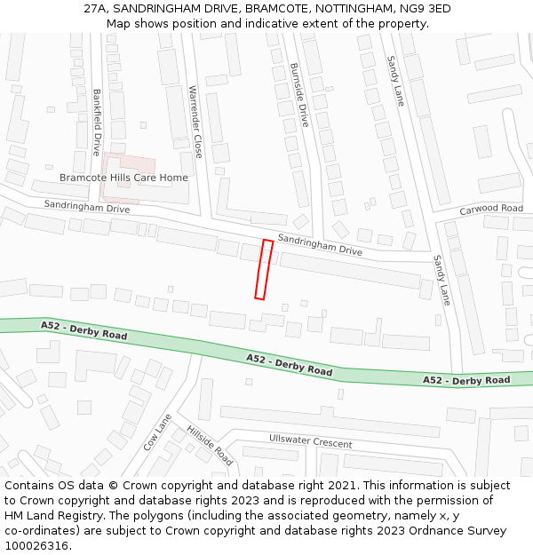 27A, SANDRINGHAM DRIVE, BRAMCOTE, NOTTINGHAM, NG9 3ED: Location map and indicative extent of plot