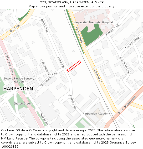 27B, BOWERS WAY, HARPENDEN, AL5 4EP: Location map and indicative extent of plot