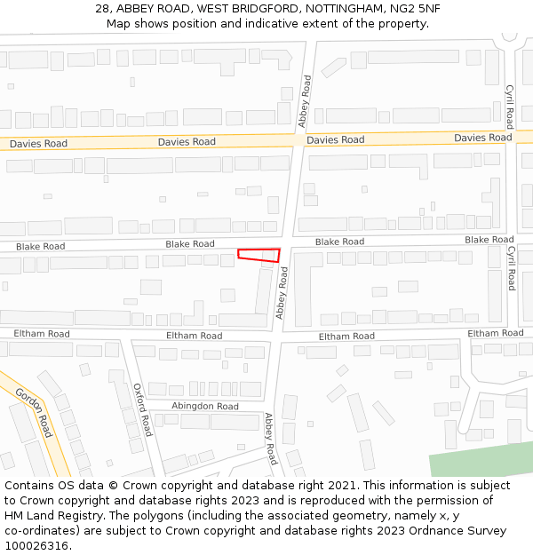 28, ABBEY ROAD, WEST BRIDGFORD, NOTTINGHAM, NG2 5NF: Location map and indicative extent of plot