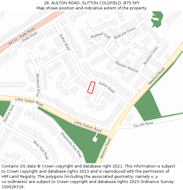 28, AULTON ROAD, SUTTON COLDFIELD, B75 5PY: Location map and indicative extent of plot