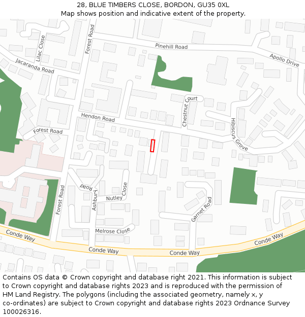 28, BLUE TIMBERS CLOSE, BORDON, GU35 0XL: Location map and indicative extent of plot