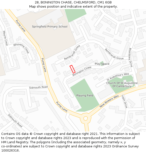 28, BONINGTON CHASE, CHELMSFORD, CM1 6GB: Location map and indicative extent of plot