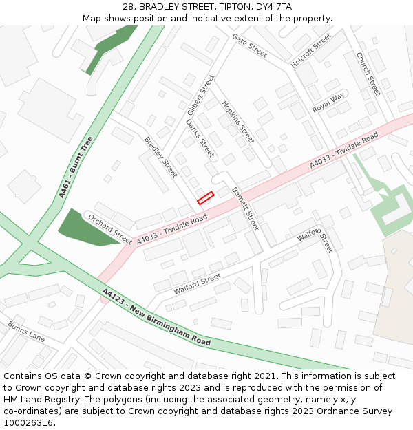 28, BRADLEY STREET, TIPTON, DY4 7TA: Location map and indicative extent of plot