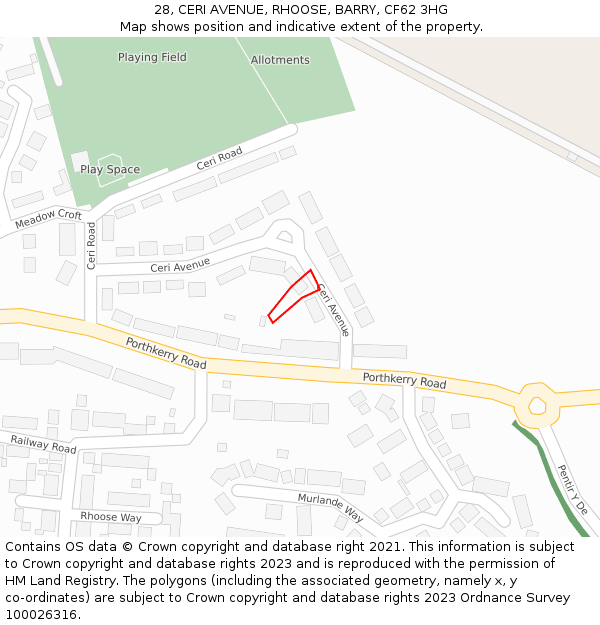 28, CERI AVENUE, RHOOSE, BARRY, CF62 3HG: Location map and indicative extent of plot