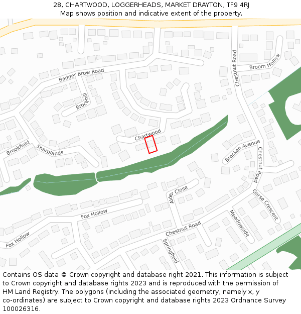 28, CHARTWOOD, LOGGERHEADS, MARKET DRAYTON, TF9 4RJ: Location map and indicative extent of plot