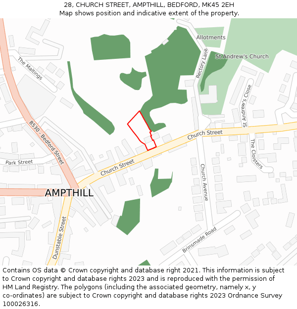 28, CHURCH STREET, AMPTHILL, BEDFORD, MK45 2EH: Location map and indicative extent of plot