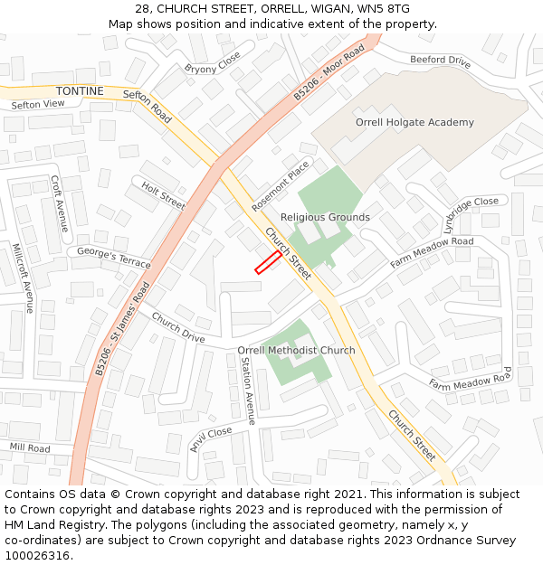 28, CHURCH STREET, ORRELL, WIGAN, WN5 8TG: Location map and indicative extent of plot