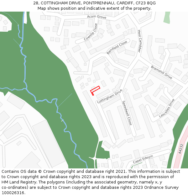 28, COTTINGHAM DRIVE, PONTPRENNAU, CARDIFF, CF23 8QG: Location map and indicative extent of plot