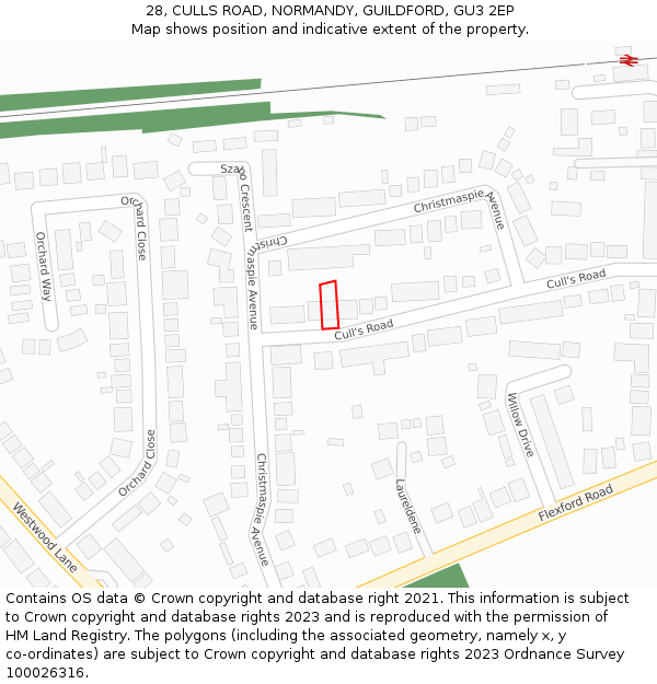 28, CULLS ROAD, NORMANDY, GUILDFORD, GU3 2EP: Location map and indicative extent of plot