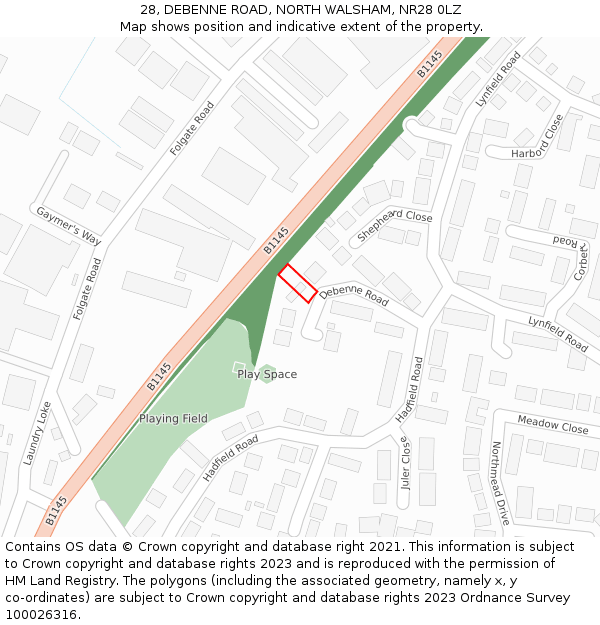 28, DEBENNE ROAD, NORTH WALSHAM, NR28 0LZ: Location map and indicative extent of plot