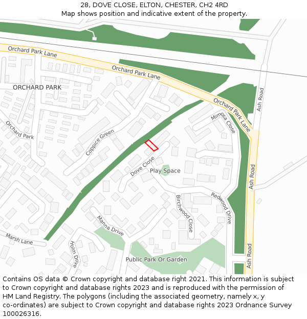 28, DOVE CLOSE, ELTON, CHESTER, CH2 4RD: Location map and indicative extent of plot