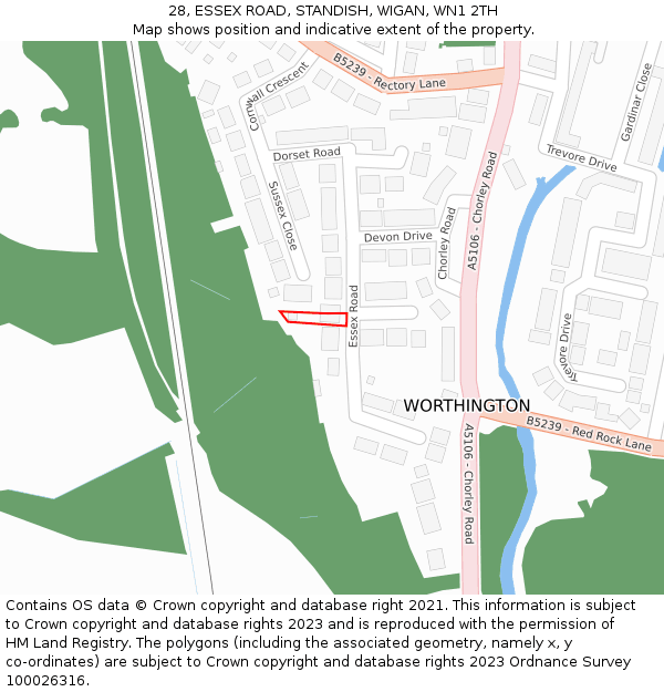 28, ESSEX ROAD, STANDISH, WIGAN, WN1 2TH: Location map and indicative extent of plot