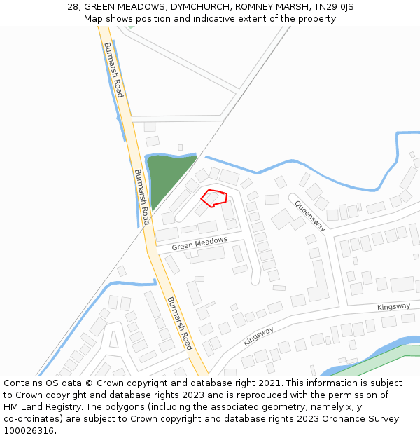 28, GREEN MEADOWS, DYMCHURCH, ROMNEY MARSH, TN29 0JS: Location map and indicative extent of plot