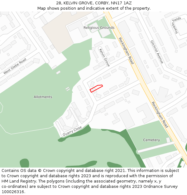 28, KELVIN GROVE, CORBY, NN17 1AZ: Location map and indicative extent of plot