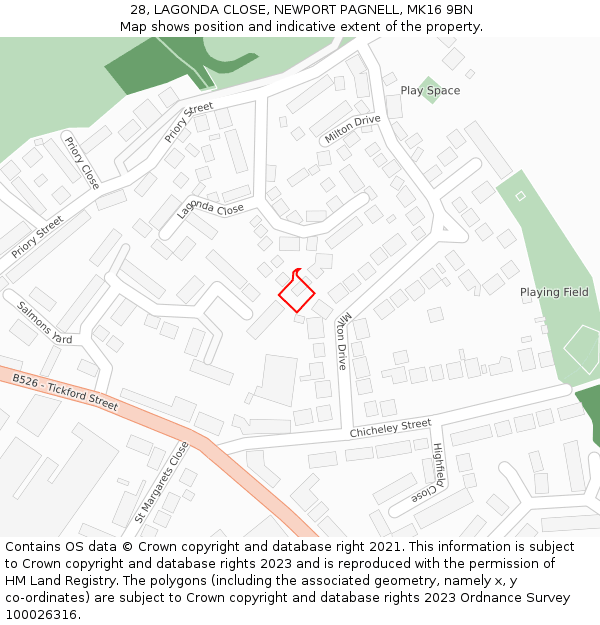 28, LAGONDA CLOSE, NEWPORT PAGNELL, MK16 9BN: Location map and indicative extent of plot