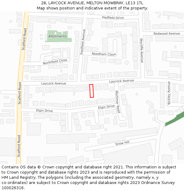 28, LAYCOCK AVENUE, MELTON MOWBRAY, LE13 1TL: Location map and indicative extent of plot