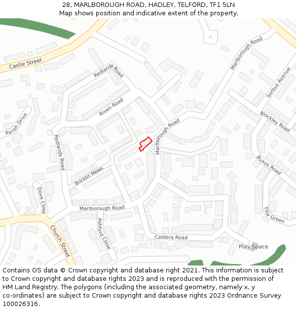 28, MARLBOROUGH ROAD, HADLEY, TELFORD, TF1 5LN: Location map and indicative extent of plot