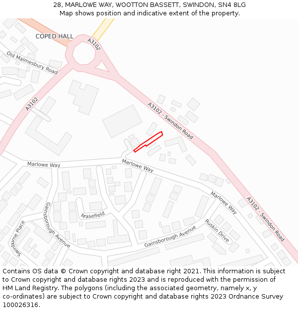 28, MARLOWE WAY, WOOTTON BASSETT, SWINDON, SN4 8LG: Location map and indicative extent of plot