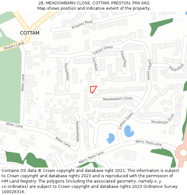 28, MEADOWBARN CLOSE, COTTAM, PRESTON, PR4 0AG: Location map and indicative extent of plot