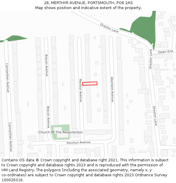 28, MERTHYR AVENUE, PORTSMOUTH, PO6 2AS: Location map and indicative extent of plot