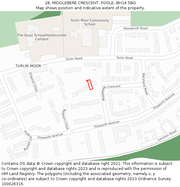 28, MIDDLEBERE CRESCENT, POOLE, BH16 5BG: Location map and indicative extent of plot