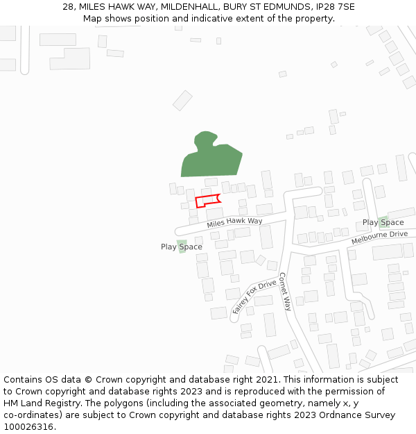 28, MILES HAWK WAY, MILDENHALL, BURY ST EDMUNDS, IP28 7SE: Location map and indicative extent of plot