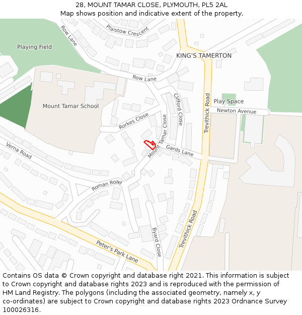 28, MOUNT TAMAR CLOSE, PLYMOUTH, PL5 2AL: Location map and indicative extent of plot