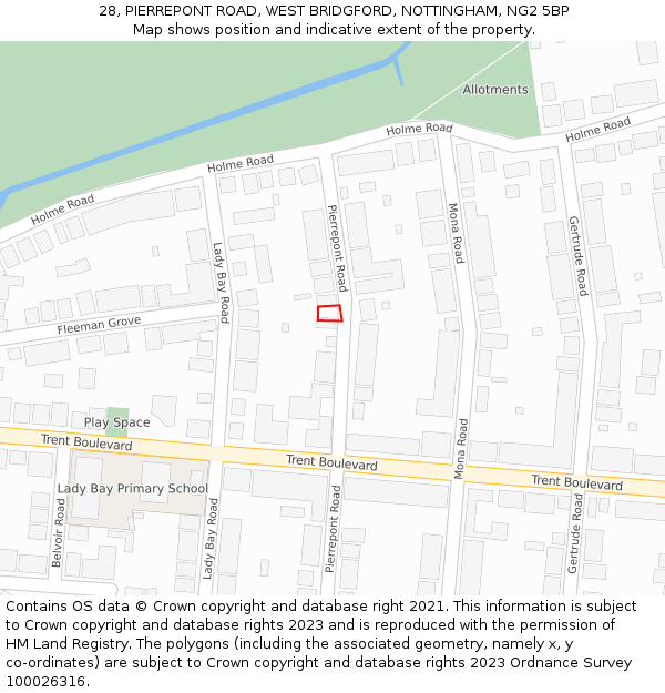 28, PIERREPONT ROAD, WEST BRIDGFORD, NOTTINGHAM, NG2 5BP: Location map and indicative extent of plot