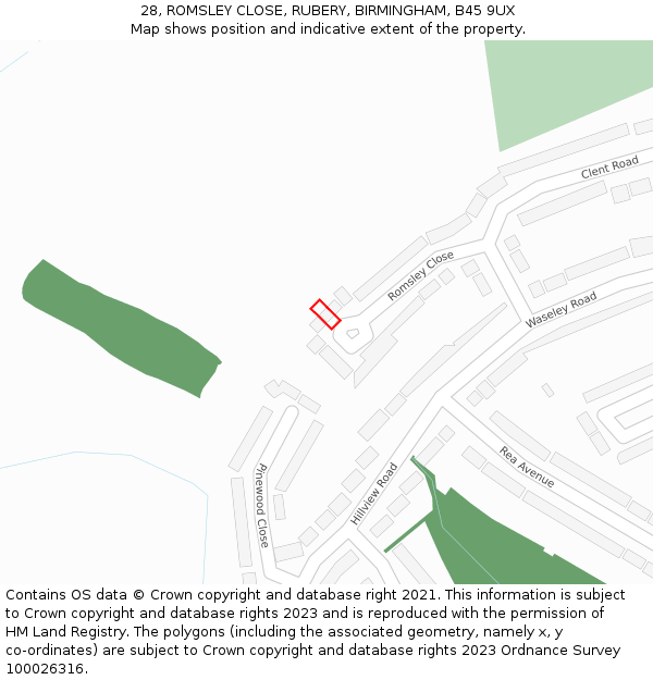 28, ROMSLEY CLOSE, RUBERY, BIRMINGHAM, B45 9UX: Location map and indicative extent of plot