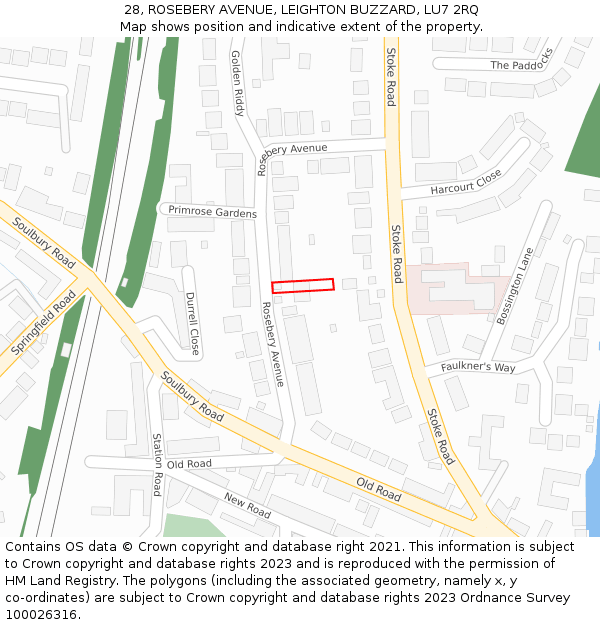 28, ROSEBERY AVENUE, LEIGHTON BUZZARD, LU7 2RQ: Location map and indicative extent of plot