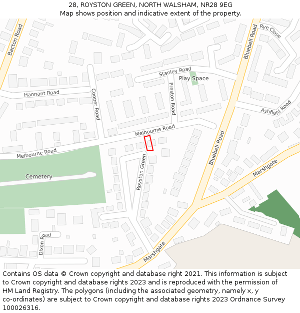 28, ROYSTON GREEN, NORTH WALSHAM, NR28 9EG: Location map and indicative extent of plot