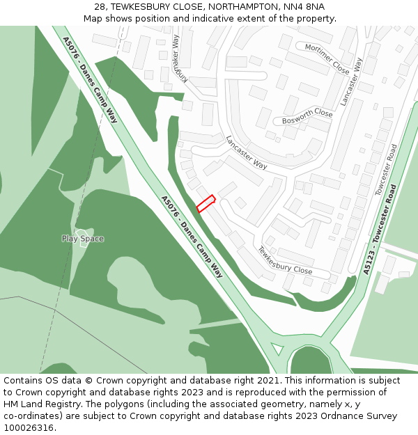 28, TEWKESBURY CLOSE, NORTHAMPTON, NN4 8NA: Location map and indicative extent of plot