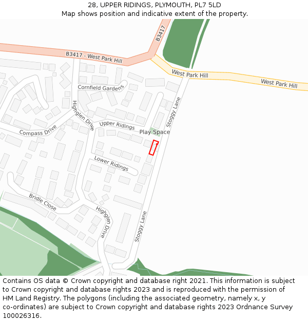 28, UPPER RIDINGS, PLYMOUTH, PL7 5LD: Location map and indicative extent of plot