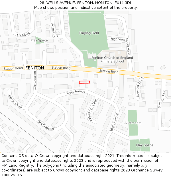 28, WELLS AVENUE, FENITON, HONITON, EX14 3DL: Location map and indicative extent of plot