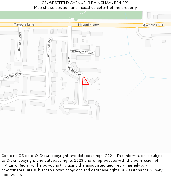 28, WESTFIELD AVENUE, BIRMINGHAM, B14 4PN: Location map and indicative extent of plot