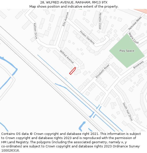 28, WILFRED AVENUE, RAINHAM, RM13 9TX: Location map and indicative extent of plot