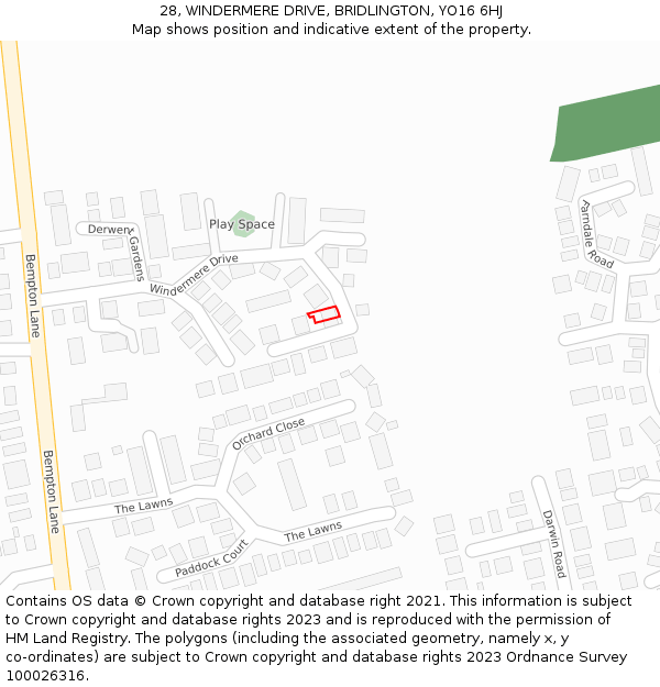 28, WINDERMERE DRIVE, BRIDLINGTON, YO16 6HJ: Location map and indicative extent of plot