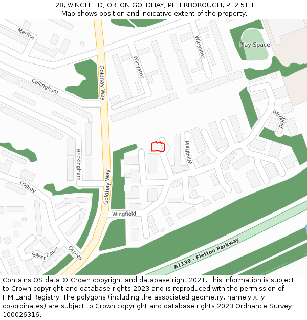 28, WINGFIELD, ORTON GOLDHAY, PETERBOROUGH, PE2 5TH: Location map and indicative extent of plot