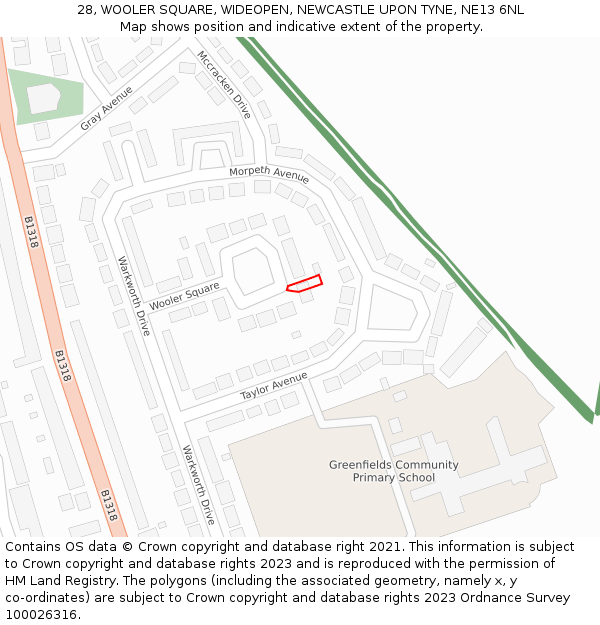 28, WOOLER SQUARE, WIDEOPEN, NEWCASTLE UPON TYNE, NE13 6NL: Location map and indicative extent of plot