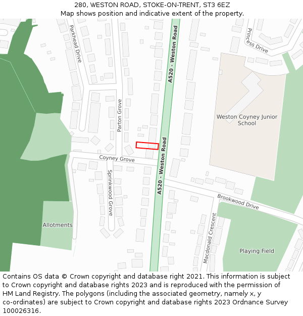 280, WESTON ROAD, STOKE-ON-TRENT, ST3 6EZ: Location map and indicative extent of plot