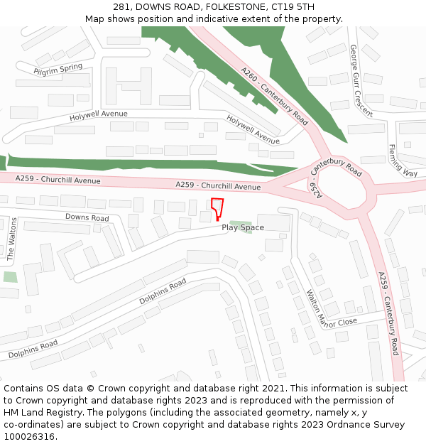 281, DOWNS ROAD, FOLKESTONE, CT19 5TH: Location map and indicative extent of plot