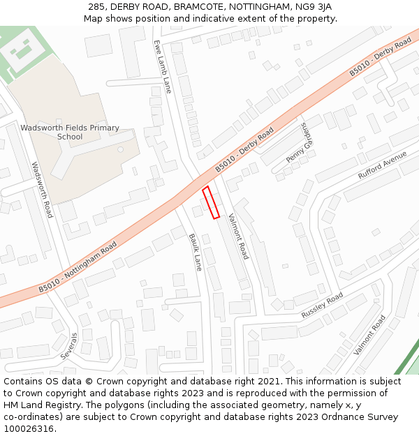 285, DERBY ROAD, BRAMCOTE, NOTTINGHAM, NG9 3JA: Location map and indicative extent of plot